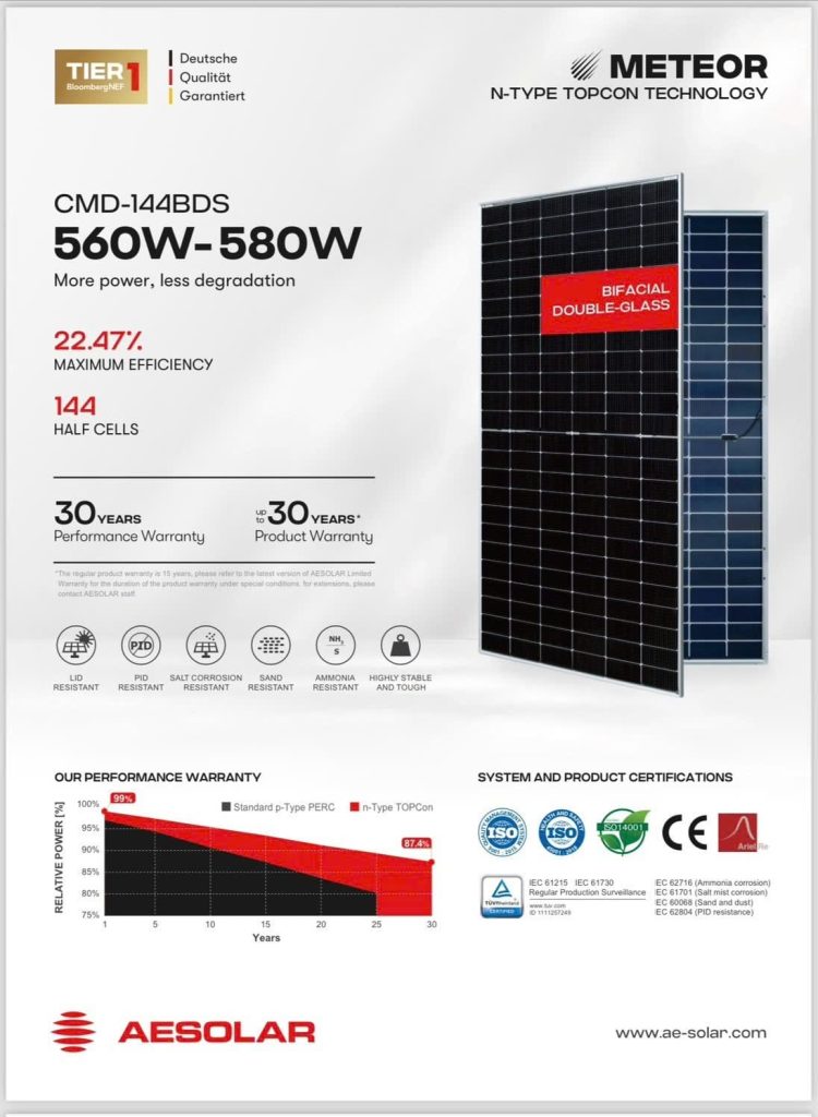 BẢNG GIÁ TẤM PIN NĂNG LƯỢNG MẶT TRỜI AE SOLAR 2 MẶT KÍNH CÔNG SUẤT 580W - TÍN DẠT SOLAR